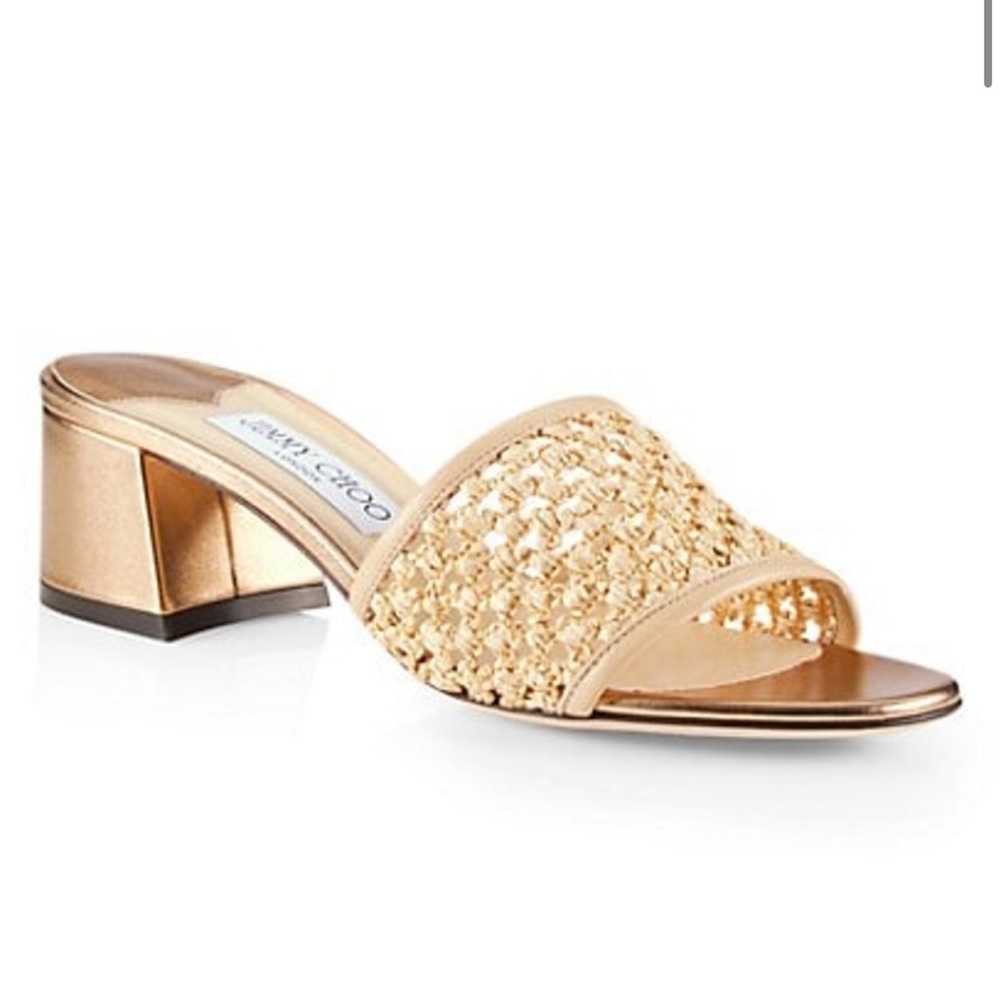 Jimmy Choo Minea 45 Woven Raffia slide heeled Sandals in Barley. Size 39.5 EU